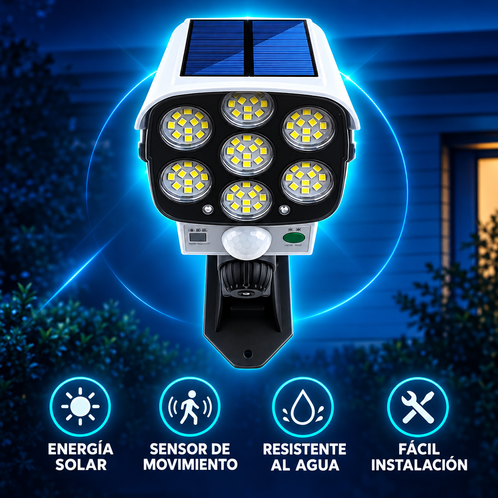 Imagen promocional del foco solar en azul y turquesa